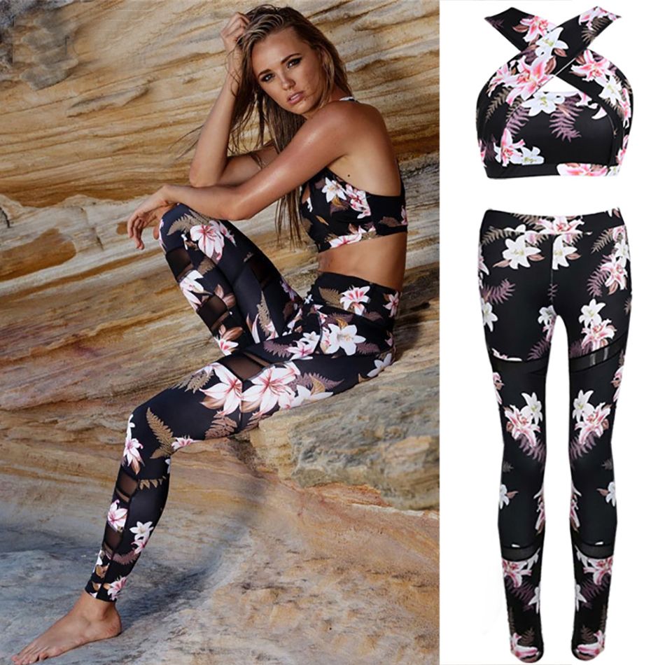 Pants Fitness Sport Suit Sportswear Tracksuit Yoga Set Floral Print Women Bra 
