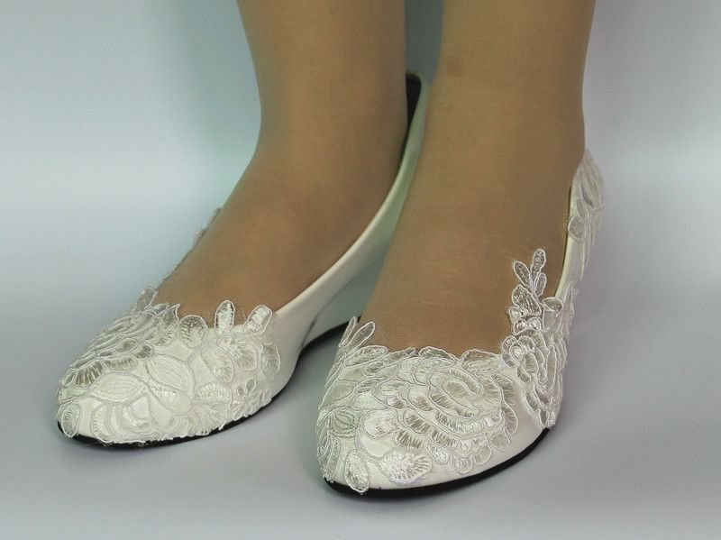 New White Light Ivory Lace Wedding Shoes Flat Low High Heel Wedges