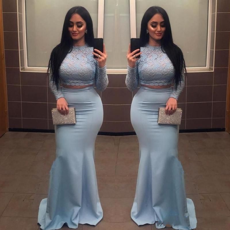 Compra Cielo Azul De Dos Piezas De La Sirena Vestidos De Baile Vestidos  Elegantes Vestido 2020 De Fiesta Largos De Gala Africana Prom Vestidos De  Manga Larga De Encaje Barato | Entrega