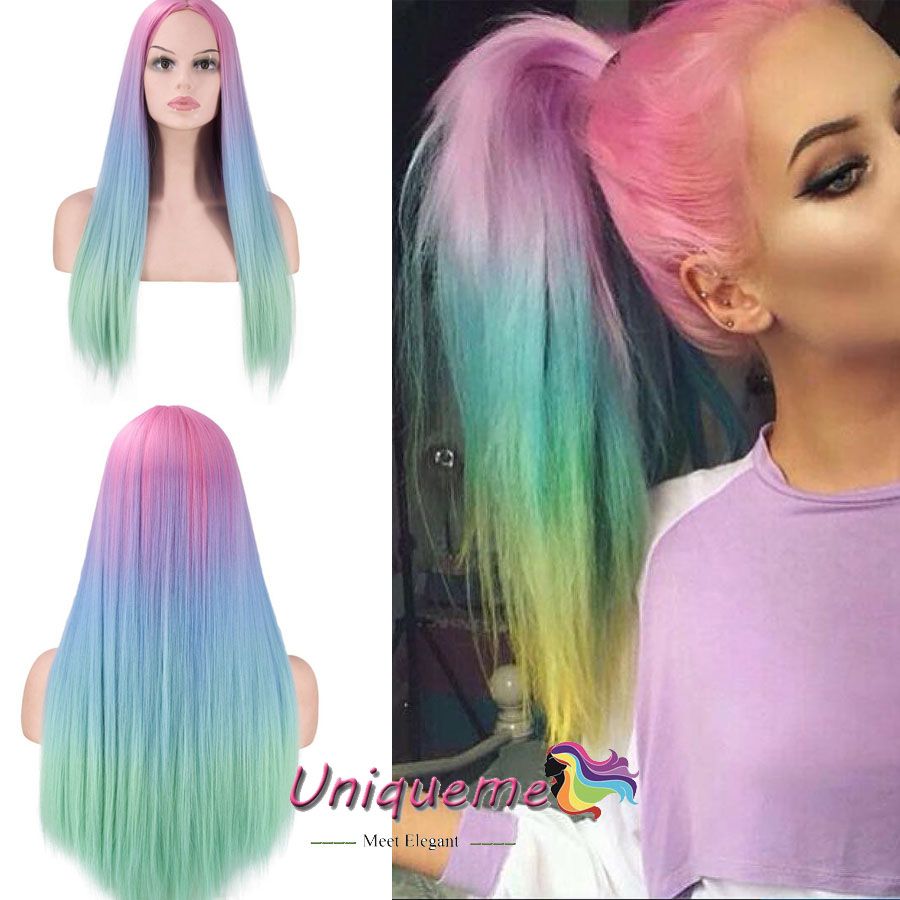 Rainbow Colorful Ombre Wig Long Straight Hair Wigs High