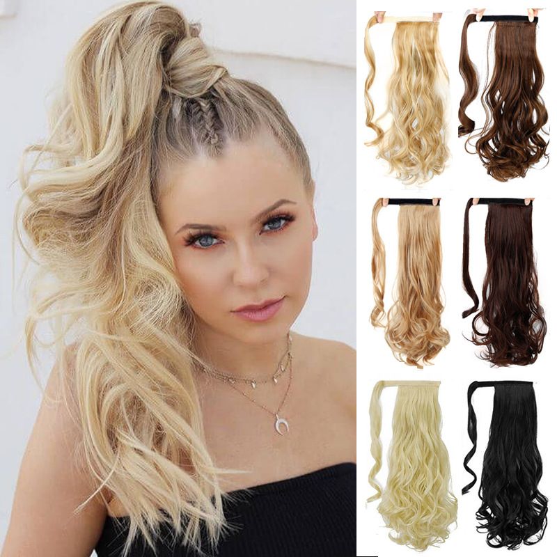 24 Inch Velcro Ponytail Straight And Curly Pigtail Long Horsetail