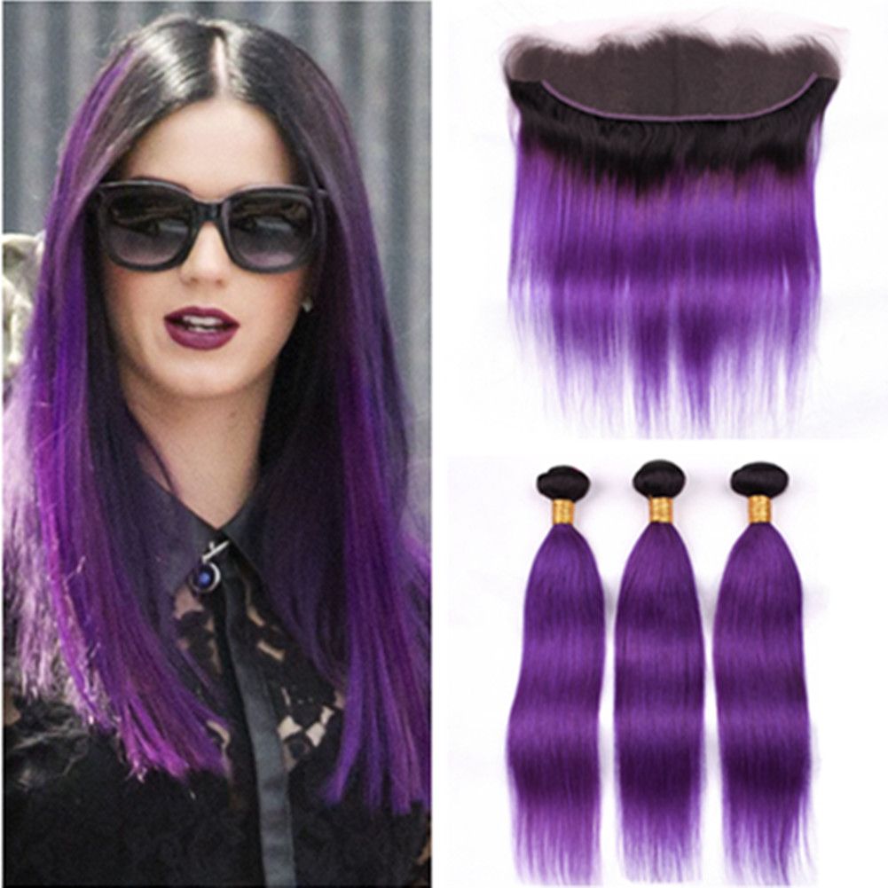 1b Purple Ombre Straight Human Hair 3bundles With Frontal Ombre