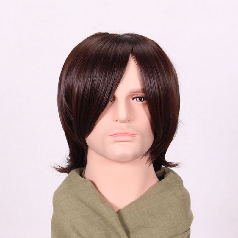 Short Silky Straight Wig Men Dark Brown Fashion Toupee Top