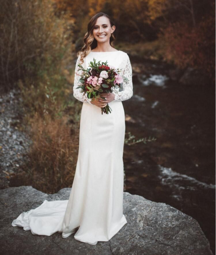 2019 Lace Satin Mermaid Modest Wedding Dresses With Long