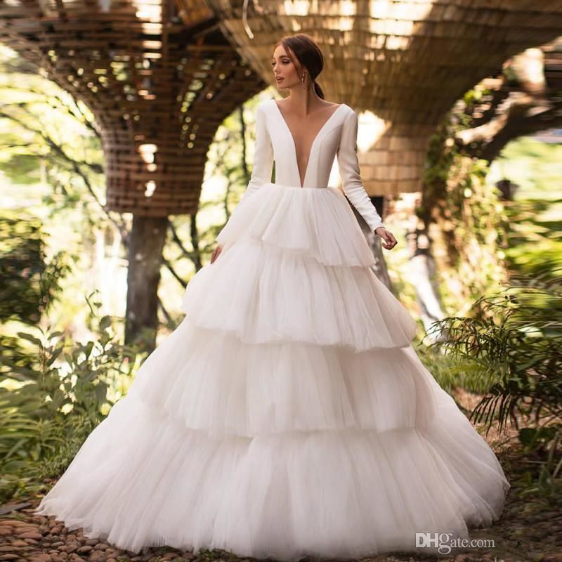 Layered Wedding Dress Deep V Neck Sheer 