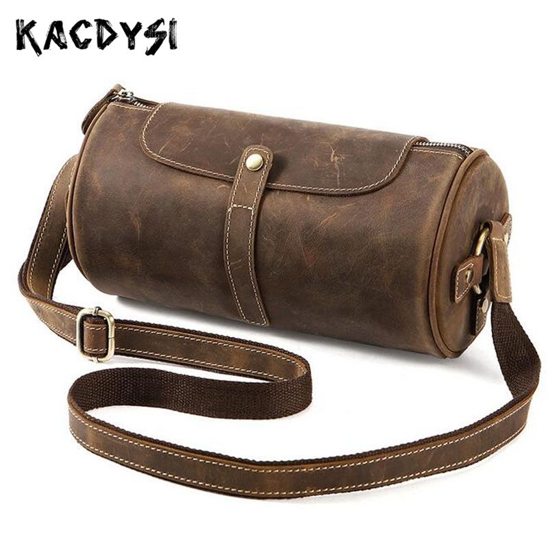 Vintage Genuine Cowhide Leather Men Shoulder Bag Casual Messenger Bag Bucket Bag