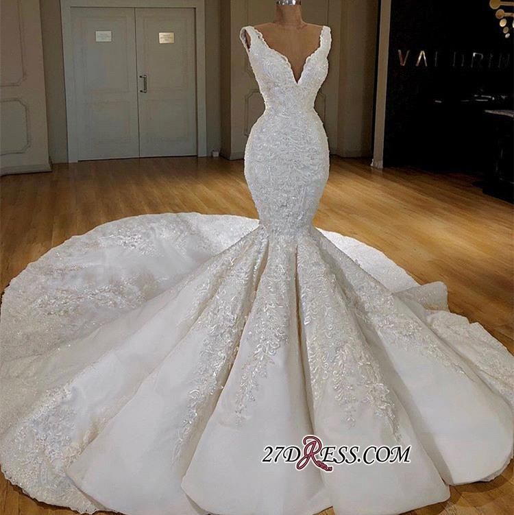 Acheter Luxe Dubaï Arabe Dentelle Robes De Mariée Sirène Col En V Dos Nu Dentelle Appliqued Manches Longues Robe De Mariée Robes De Mariée Robes De