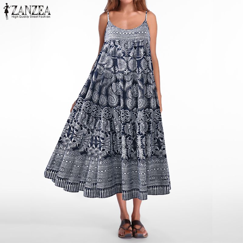 ZANZEA Womens Loose Sleeveless Vintage A Line Long Maxi Cocktail Party Dress