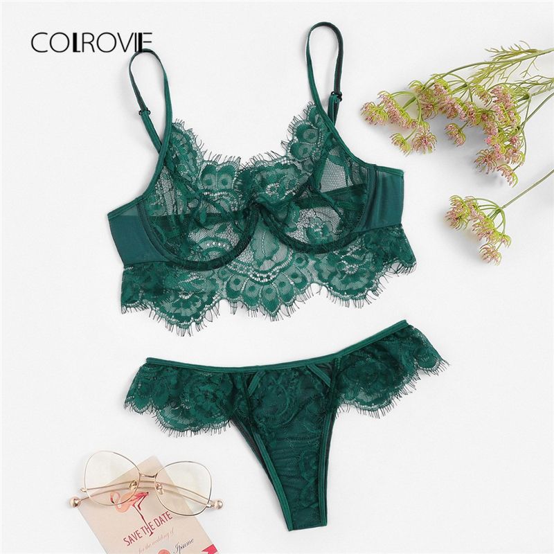 al por mayor verde puro encaje mujeres íntimas otoño ropa interior inalámbrica inalámbrica ver a través de sujetador conjunto de ropa interior