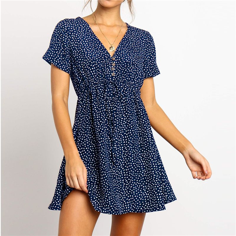 Womens Short T-Shirt Dress Polka Dot V Neck Short Sleeve Casual Button Down Mini Dress Ruffles Party Dress