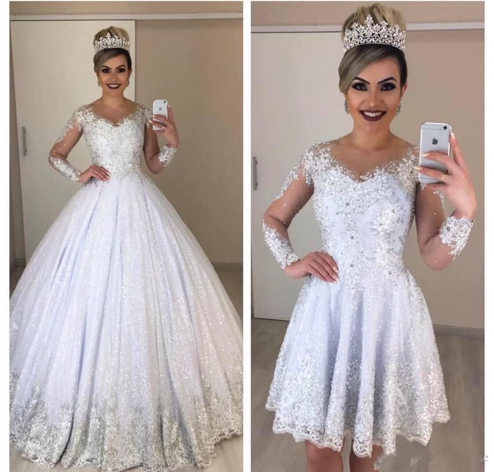 2 en 1 Una línea Vestidos de novia Modesta Manga Pequeño Cuello Cuello Apliques Falda desmontable Vestidos nupciales Vestidos de Novia