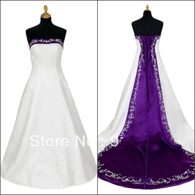 A Line Stunning White And Purple Wedding Dresses Delicate Embroidered ...