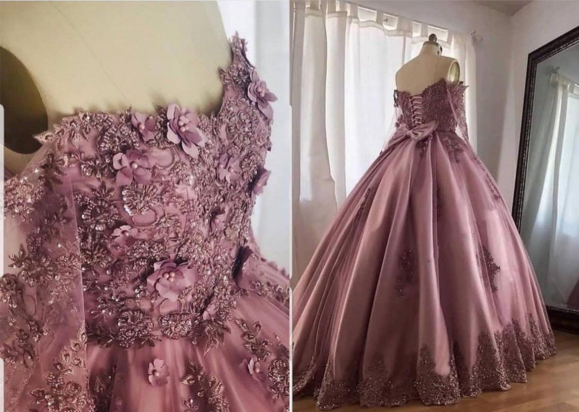 Charming Dusty Pink 3d Floral Flowers Quinceanera Prom Dresses Ball