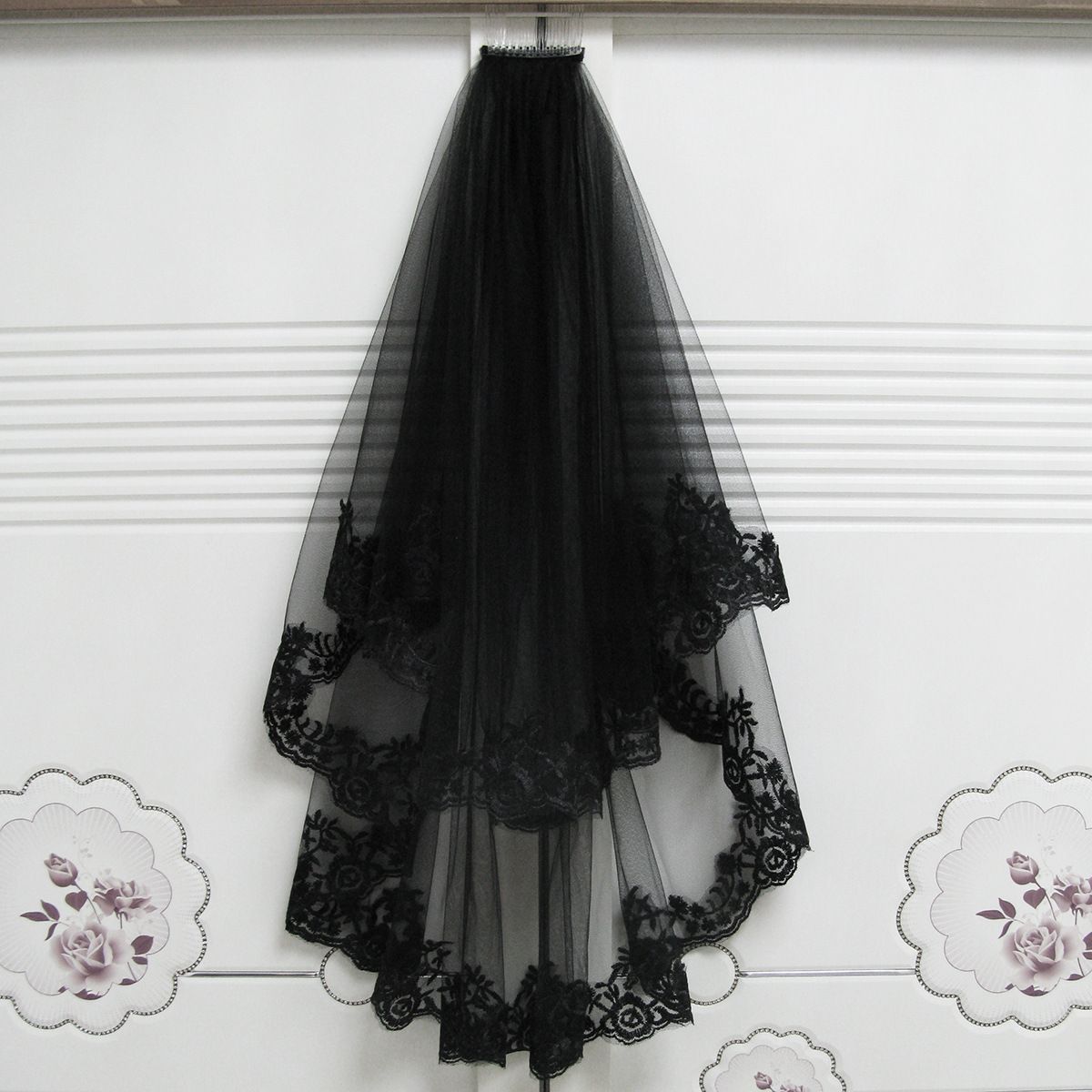 white wedding dress with black veil