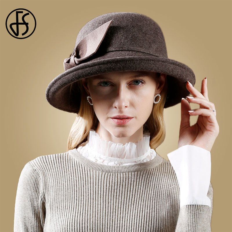 2020 Fs Vintage Brown Black Wool Fedora Hats Women Wide Brim