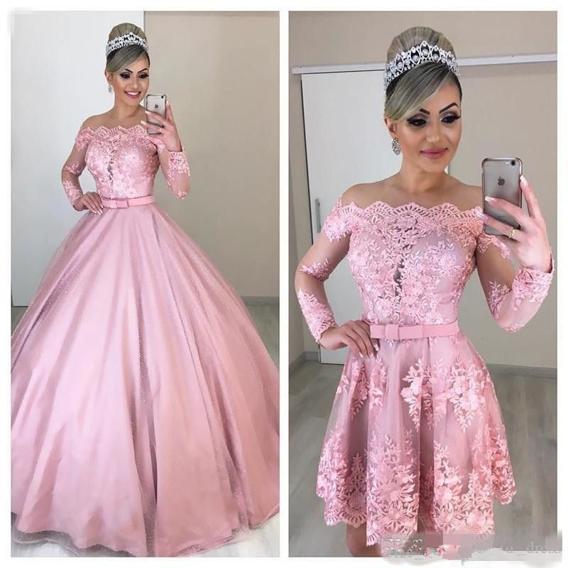 Rosa vestidos quinceañera desmontable tren elegante del hombro escote festoneado largo ilusión mangas de raso