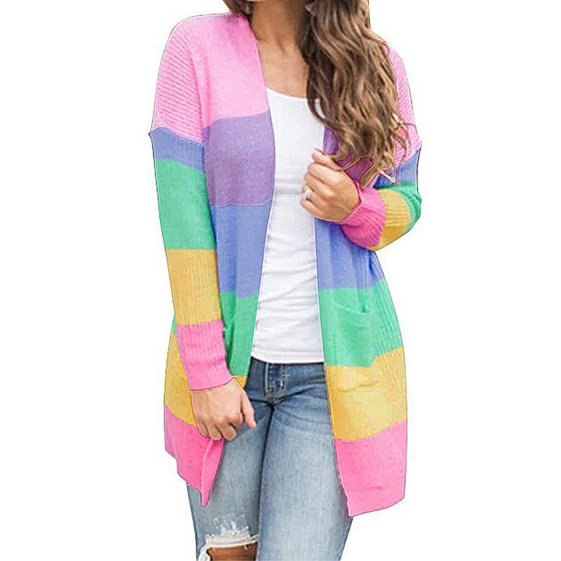 Lady Fashion Casual Cardigan Suéter Lovely Rainbow Color Manga Larga Suéter Largo Otoño Invierno De Punto Con De 37,08 € | DHgate