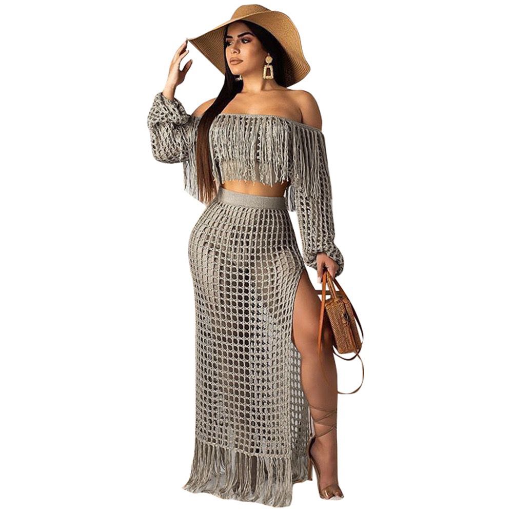 Compre Casual Verano De Las Mujeres Vestido De Malla De Cuadrícula Ve Sin  Embargo La Borla De Cultivos Off Hombro Del Lado Superior De Split Maxi  Faldas De Dos Piezas Set De