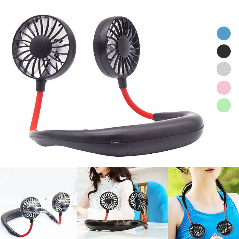 USB Rechargeable Dual Fan Neck Band Hands-Free Hanging Cooler 3 Speeds Portable