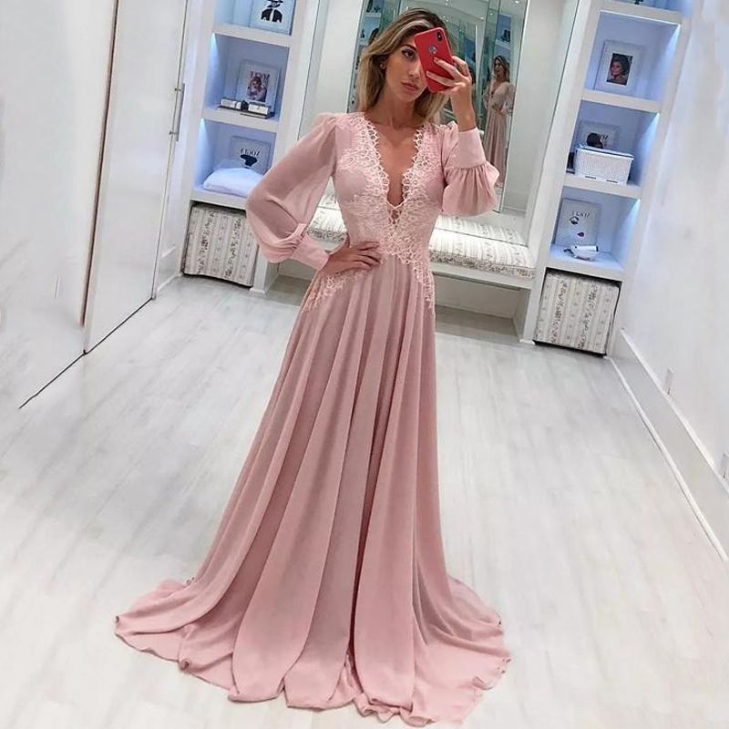 Prom Vestidos elegante de gasa cuello en V profundo de manga larga de encaje formal Vestidos Prom Vestidos elegante de gasa cuello en V profundo de manga larga de encaje formal Vestidos