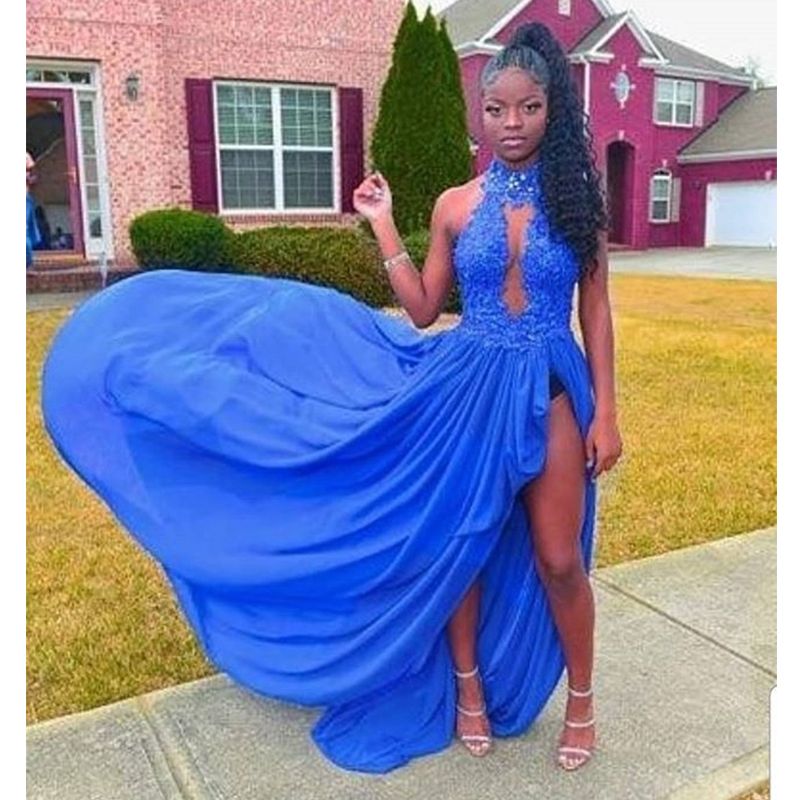 High Neck Black Girls Prom Dresses Beaded Appliques Royal Blue Chiffon A Line Prom Gowns High Leg Split Graduation Dresses From Gracefulswans, $120.61 | DHgate.Com