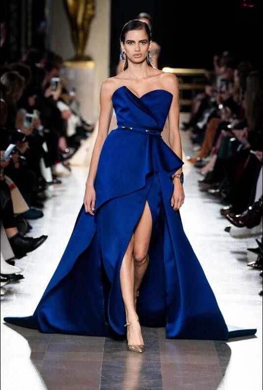 Vestidos de fiesta azul real de Elie Saab con escote inspirado en el Art Deco vestidos elegantes de noche elegantes mancha fruncida ogstuff hecho a medida