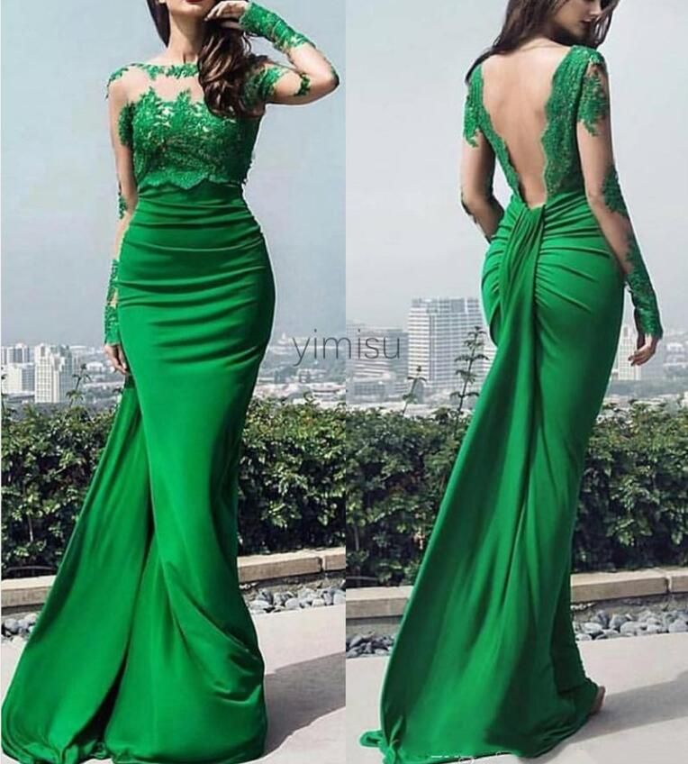 Emerald Verde Sirena Vestidos de noche sin espalda ilusión de manga larga ilusión apliques drapeados Formal Emerald Verde Sirena Vestidos de noche sin espalda ilusión de manga larga ilusión apliques drapeados Formal