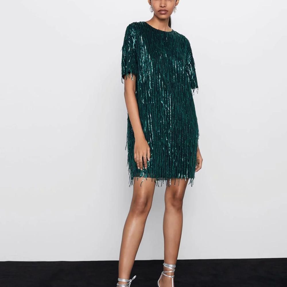 ZA visten 2019 brillante brillante verde con flecos streetwear negro atractivo del vestido de partido