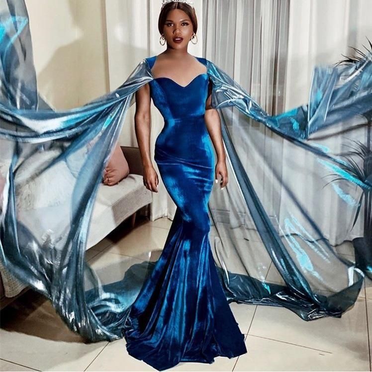 New Arabic Blue Velvet Evening Dresses 