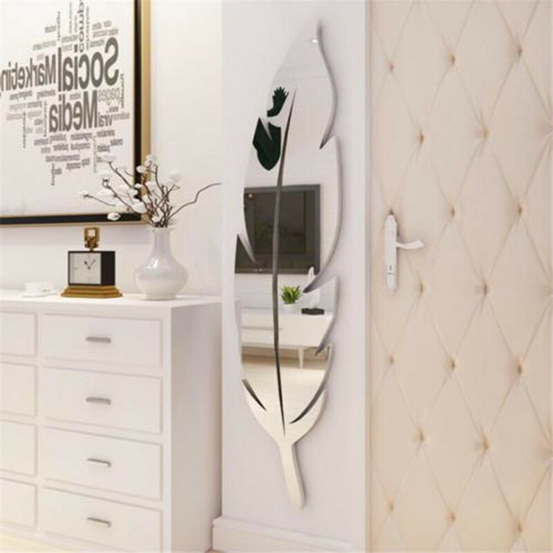 Feather Mirror Glass Tile Wall Stickers Decal Mosaic Room Decor Stick On