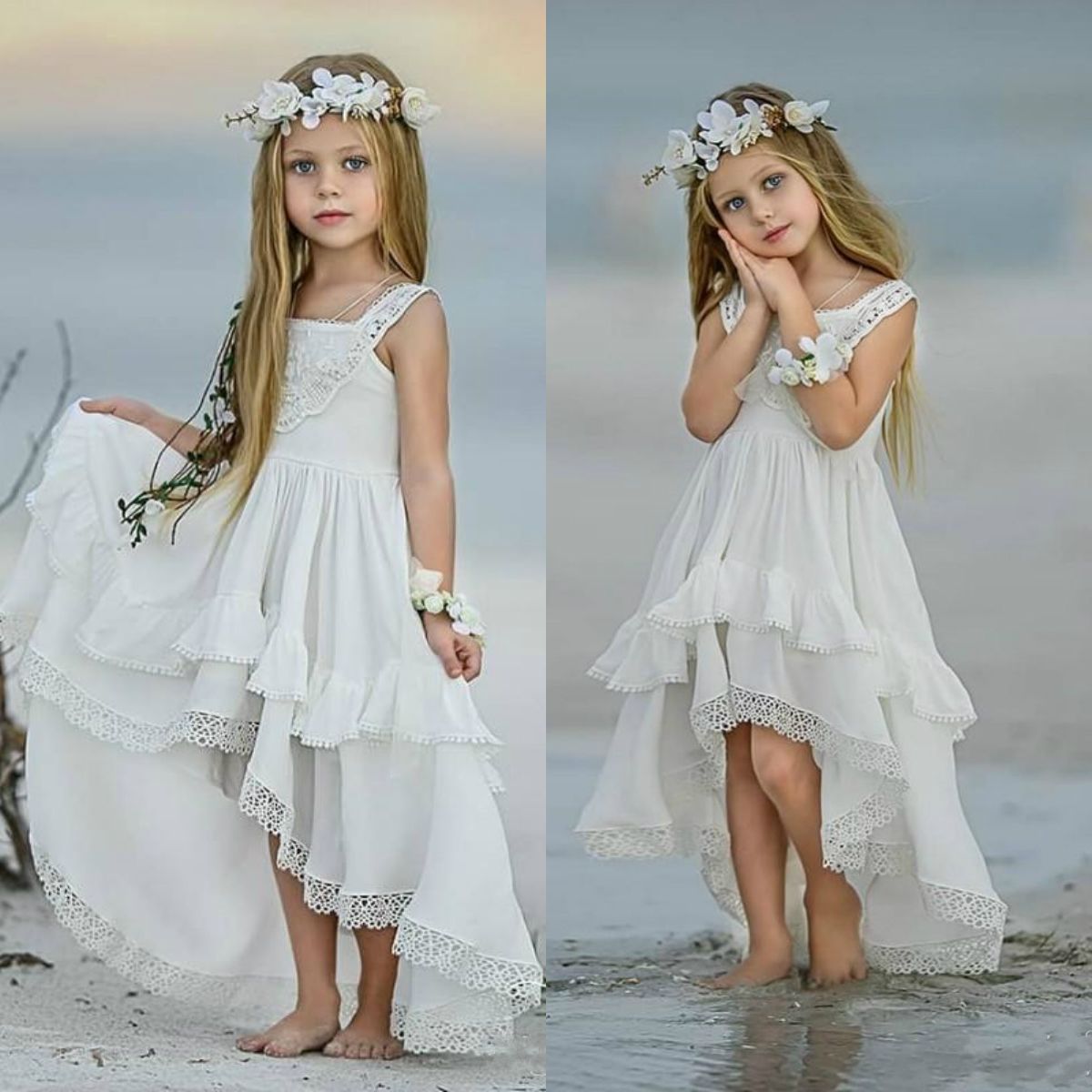 Cheap Bohemian High Low Flower Girl Dresses For Beach Wedding Pageant Gowns A Line Boho Lace Appliqued Kids First Holy Communion Dress Girls Dresses
