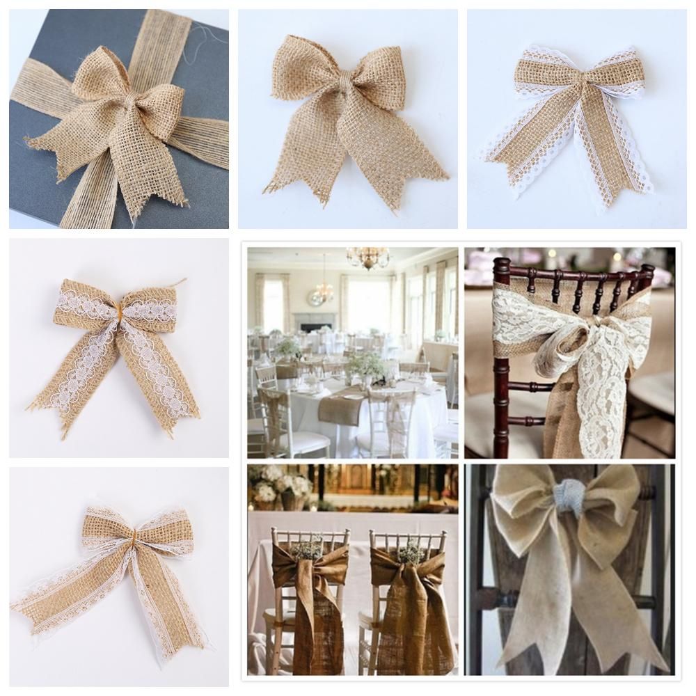 Natural Hessian Jute Burlap Lace Bows DIY Crafts Bow Ties Wedding Party Decor