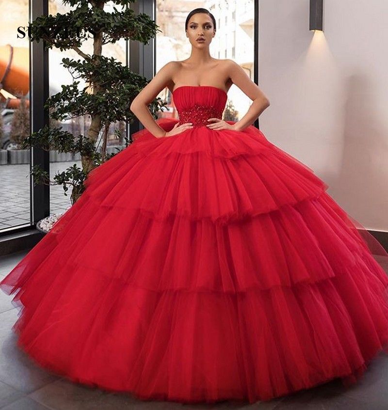 Ball Gown Red Evening Dresses Puffy 