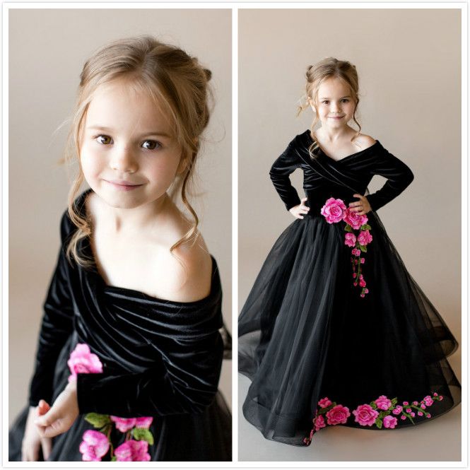 black velvet flower girl dress