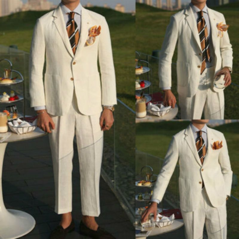 Summer Men's Cream Leisure Linen Suits Two Pieces Formal Wedding Groom Tuxedos