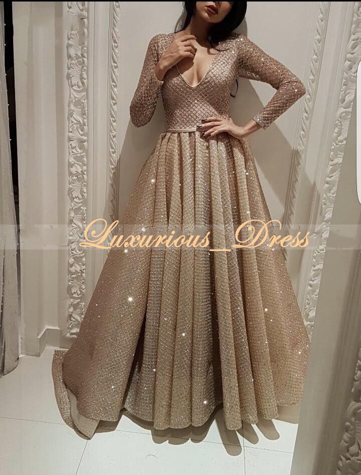 Compra Vestidos Elegantes De La Graduación Vestido De Noche Formal Del  Brillo De Las Lentejuelas De Oro Rosa Árabes Vestidos De Baile De Manga  Larga Con Cuello En V Musulmanes Abaya Kaftan