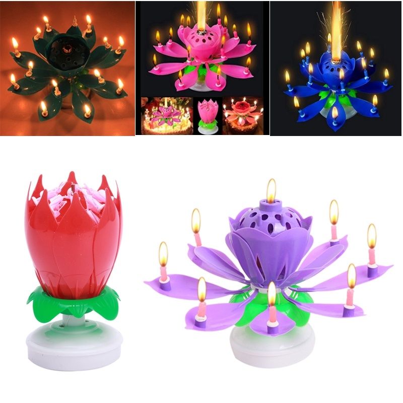 New Art Rotate Musical Candle Lotus Flower Happy Birthday Party Gift