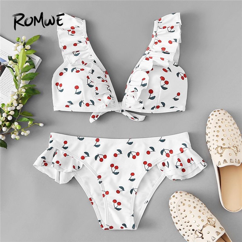 Compra Romwe Sport Bikinis Set Cherry Polka Dot Print Ruffle Top Con Fondo  De Baja Altura Traje De Baño Mujer Pumps Cuello Sexy Lindo Traje De Baño  Y19062901 Barato | Entrega Rápida