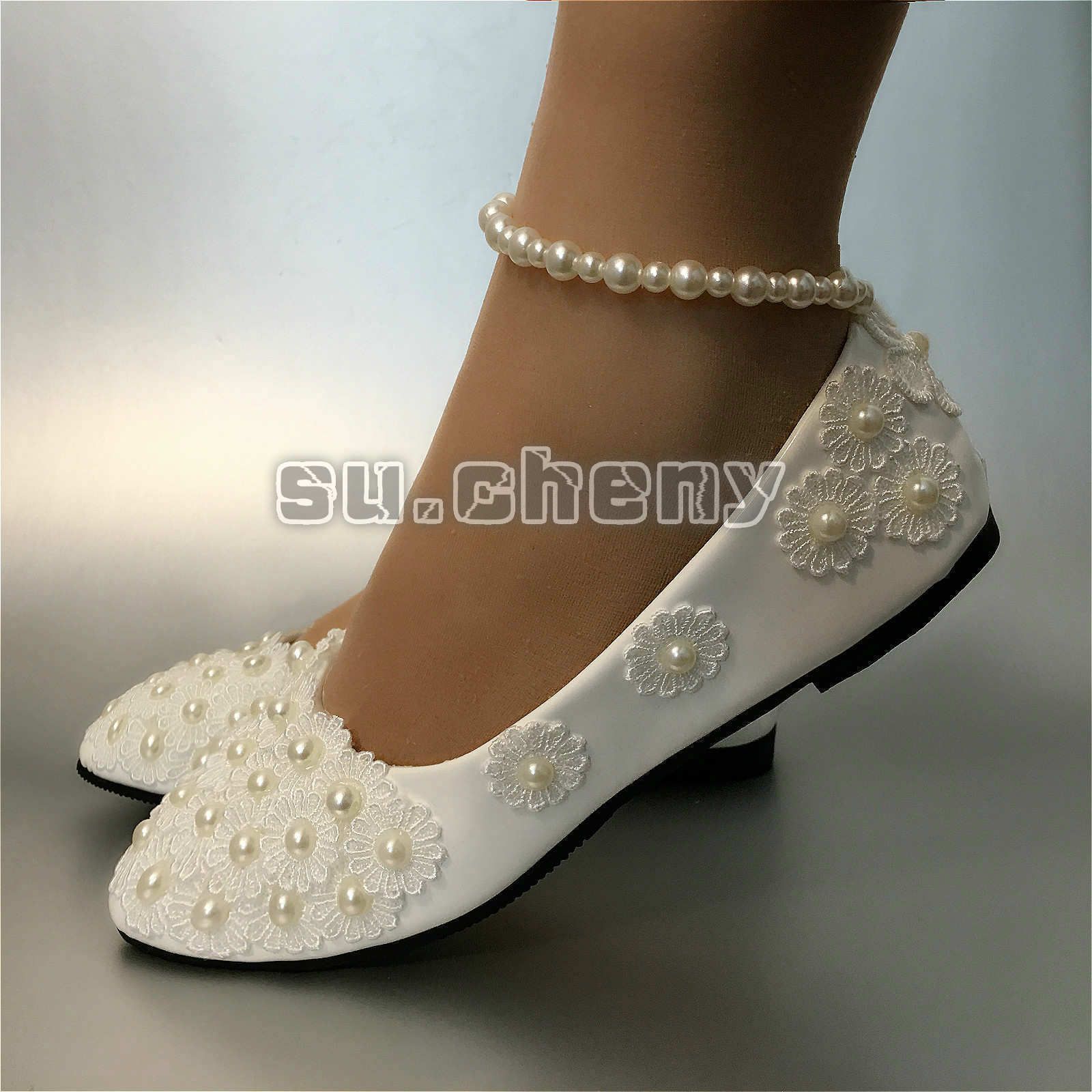 Perlas de encaje blanco plano tacones bajos Zapatos de novia de boda de fiesta de