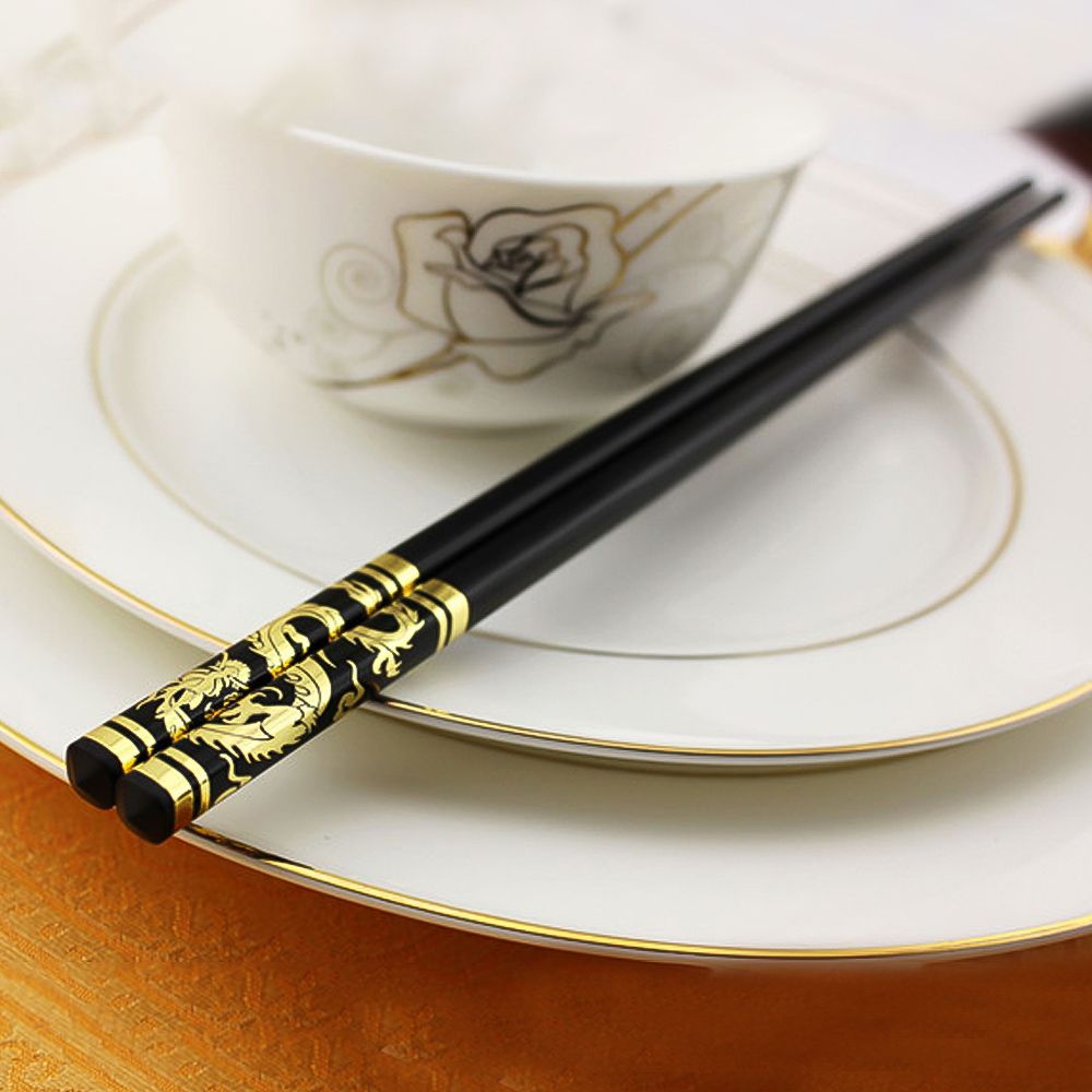 Chinese Chopsticks 5 Pairs Stainless Steel Gold Set Black Metal Sushi Dinnerware 