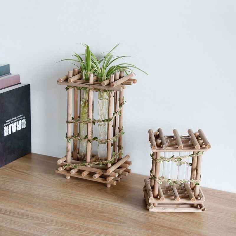 Wooden Vase Green Plants Hydroponic Desktop Small Flower Stand