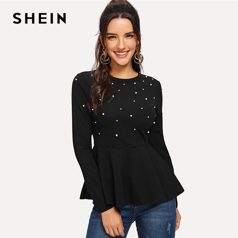 Compra Shein Negro Perlas Con Cuentas Sólido Peplum Top Elegante Cuello  Redondo Manga Larga Estampado Blusas Mujeres Otoño Liso Minimalista Blusa  Y190510 Barato | Entrega Rápida Y Calidad | Es.Dhgate