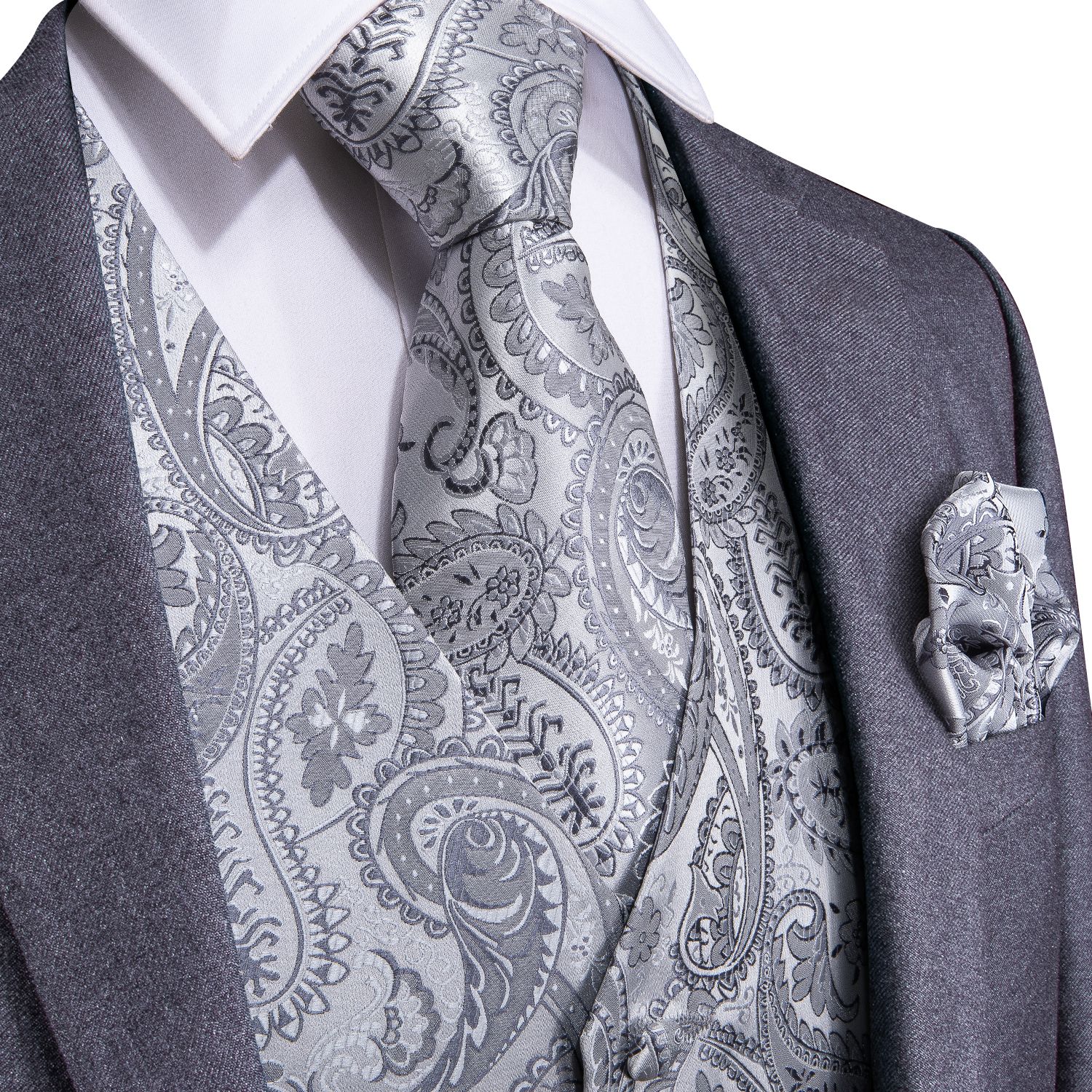 ENLISION Cheque clasico Jacquard Chaleco de los hombres Corbata de bolsillo Conjunto de traje de chaleco de color solido