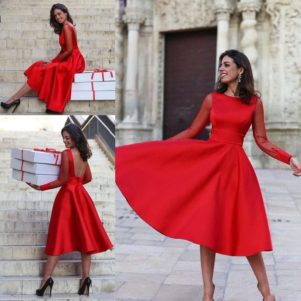 red tea length formal dress