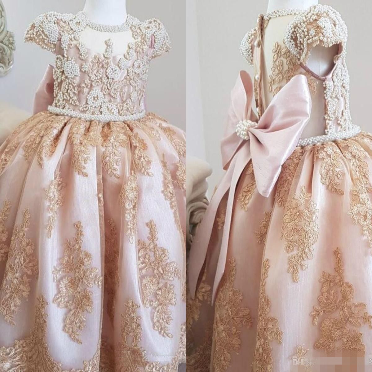 Blush Pink Flower Girls Dresses With Gold Lace Applique Beaded Pearls