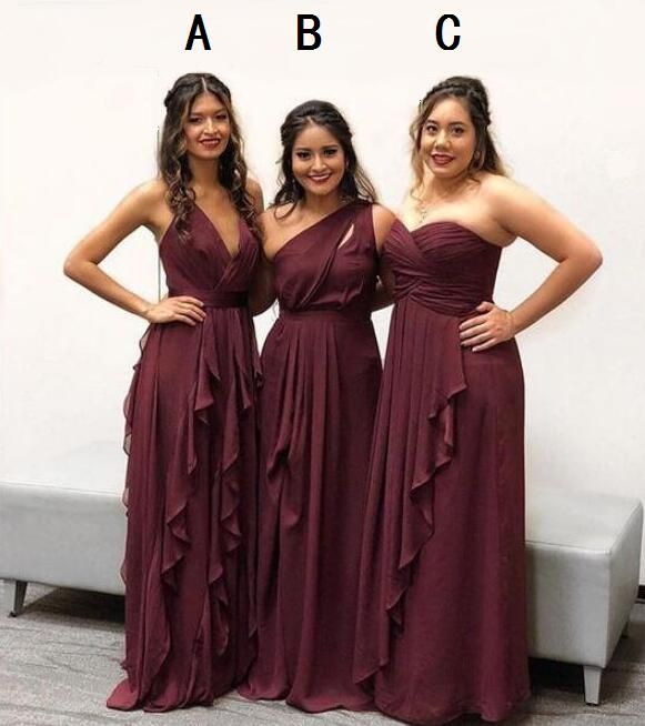 Compre Borgoña 3 Estilos Vestido De Dama De Honor De Gasa De Un Hombro  Ranura Lateral Longitud Hasta El Suelo Vestidos De Dama De Honor Hechos A  Medida Escote Asimétrico Con Cerradura