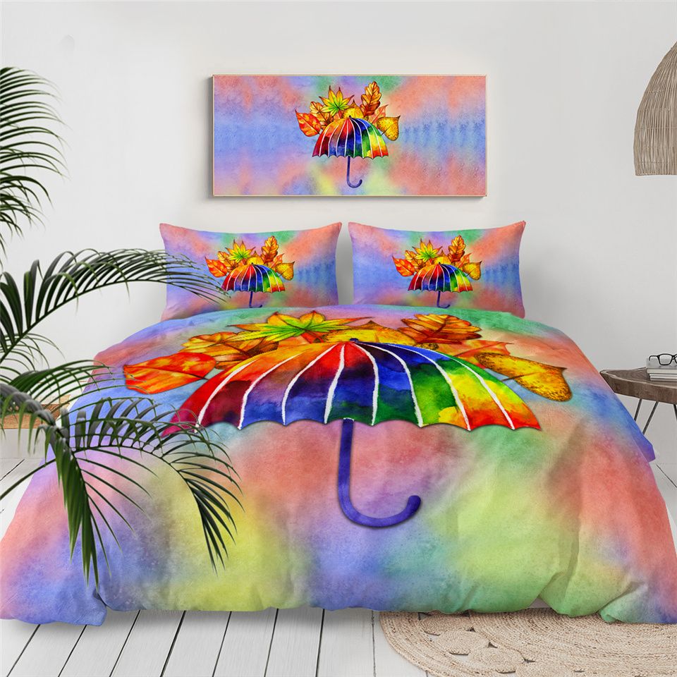 Beddingoutlet Watercolor Bedding Set Rainbow Umbrella Duvet Cover