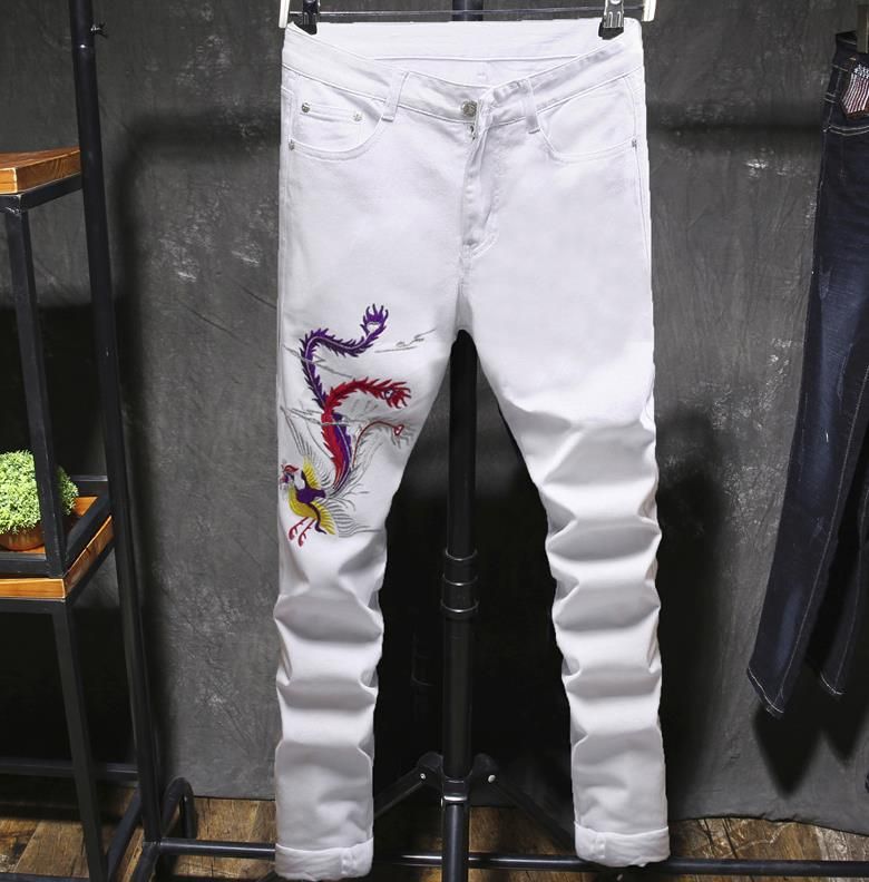 Compre Estilo Chinês Phoenix Bordados Calça Jeans Masculina Calça Jeans Bordada Branca Bordada Masculina De Jackhuang, $155,97 | Pt.Dhgate.Com