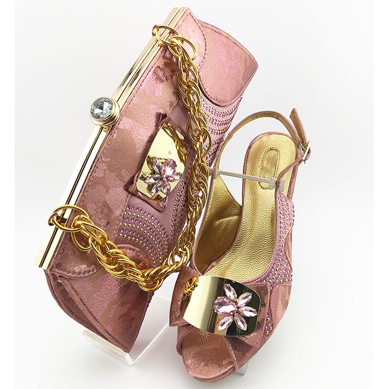 rose gold sandals and matching bag