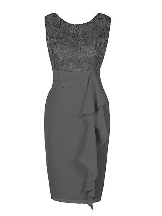 Dark Grey Short Mother Of The Bride Dress Lace Chiffon Sheath Formal